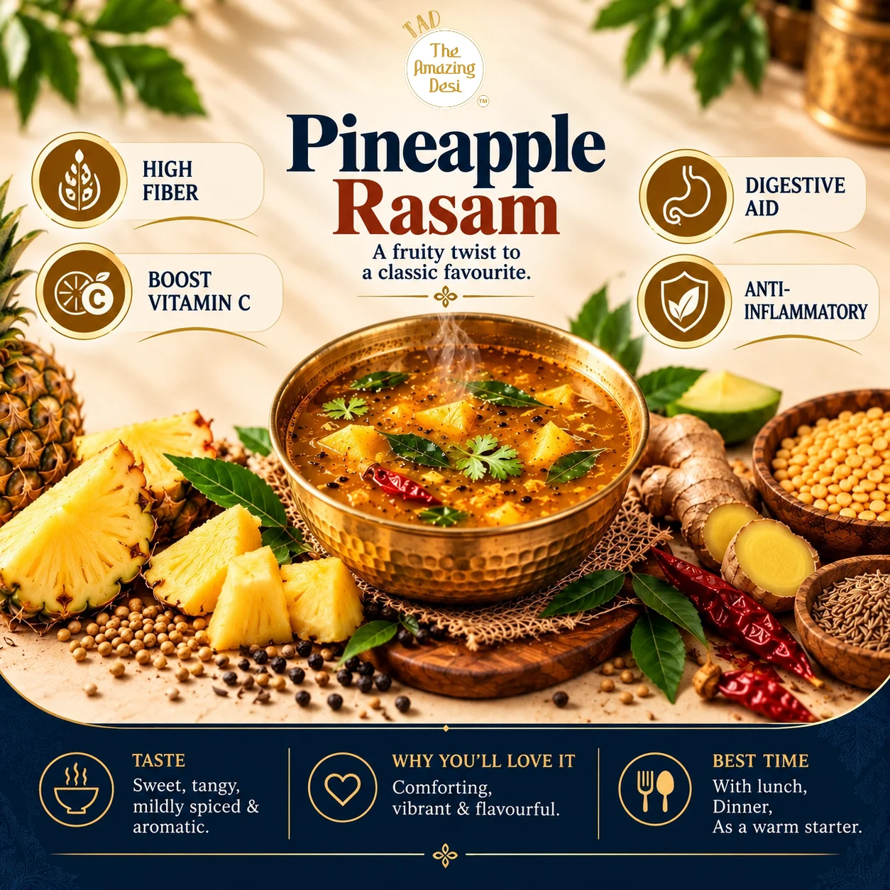 Health benefits of Pineapple Rasam showing immunity support, digestion support, and antioxidants.