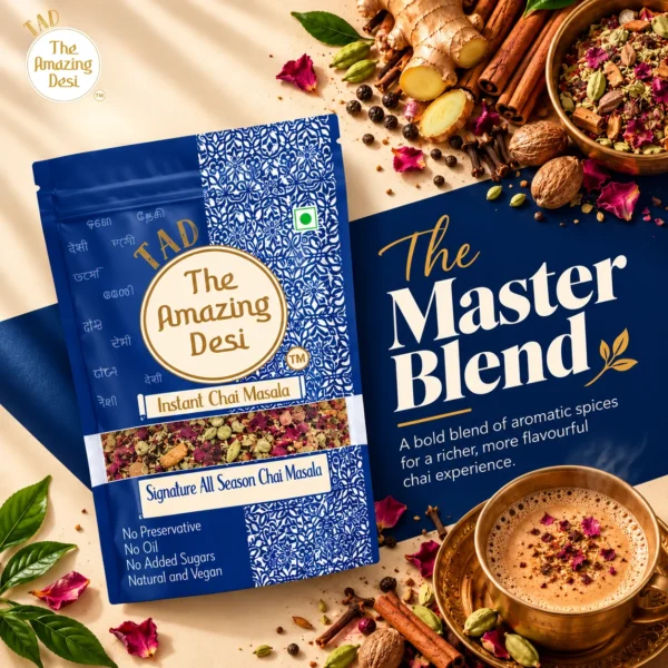 The Amazing Desi Signature All-Season Chai Masala Master Blend packaging showing a bold blend of aromatic spices.