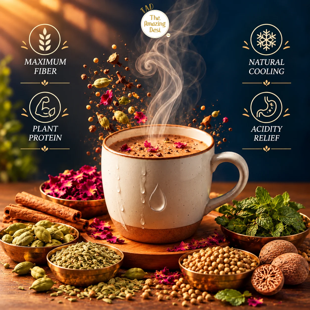 Health benefits of Summer Cool Chai Masala highlighting a natural cooling effect, digestion support, and antioxidant goodness.