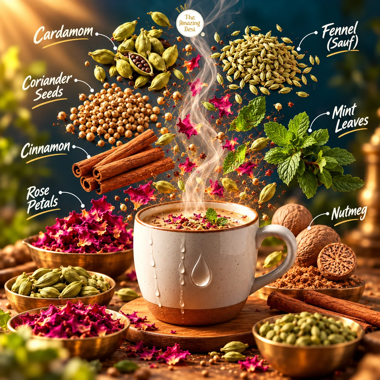 Aromatic ingredients of Summer Cool Chai Masala including green cardamom, rose petals, fennel seeds, and tulsi leaves splashing into a cup.