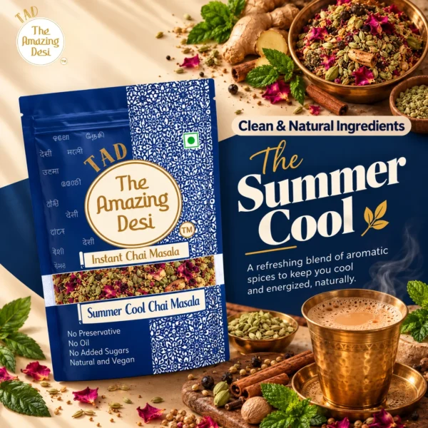 The Amazing Desi Summer Cool Chai Masala packaging showing a refreshing blend of aromatic spices next to a cup of chai.