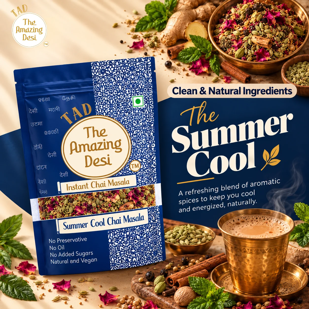 The Amazing Desi Summer Cool Chai Masala packaging showing a refreshing blend of aromatic spices next to a cup of chai.