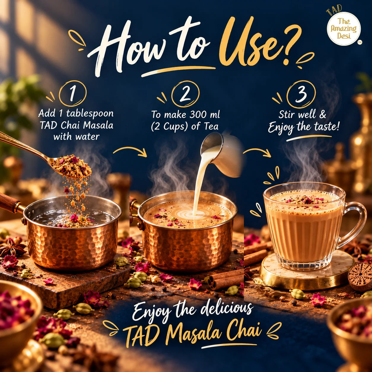 Three-step preparation guide for Summer Cool Chai Masala showing adding the masala, pouring milk, and stirring well.