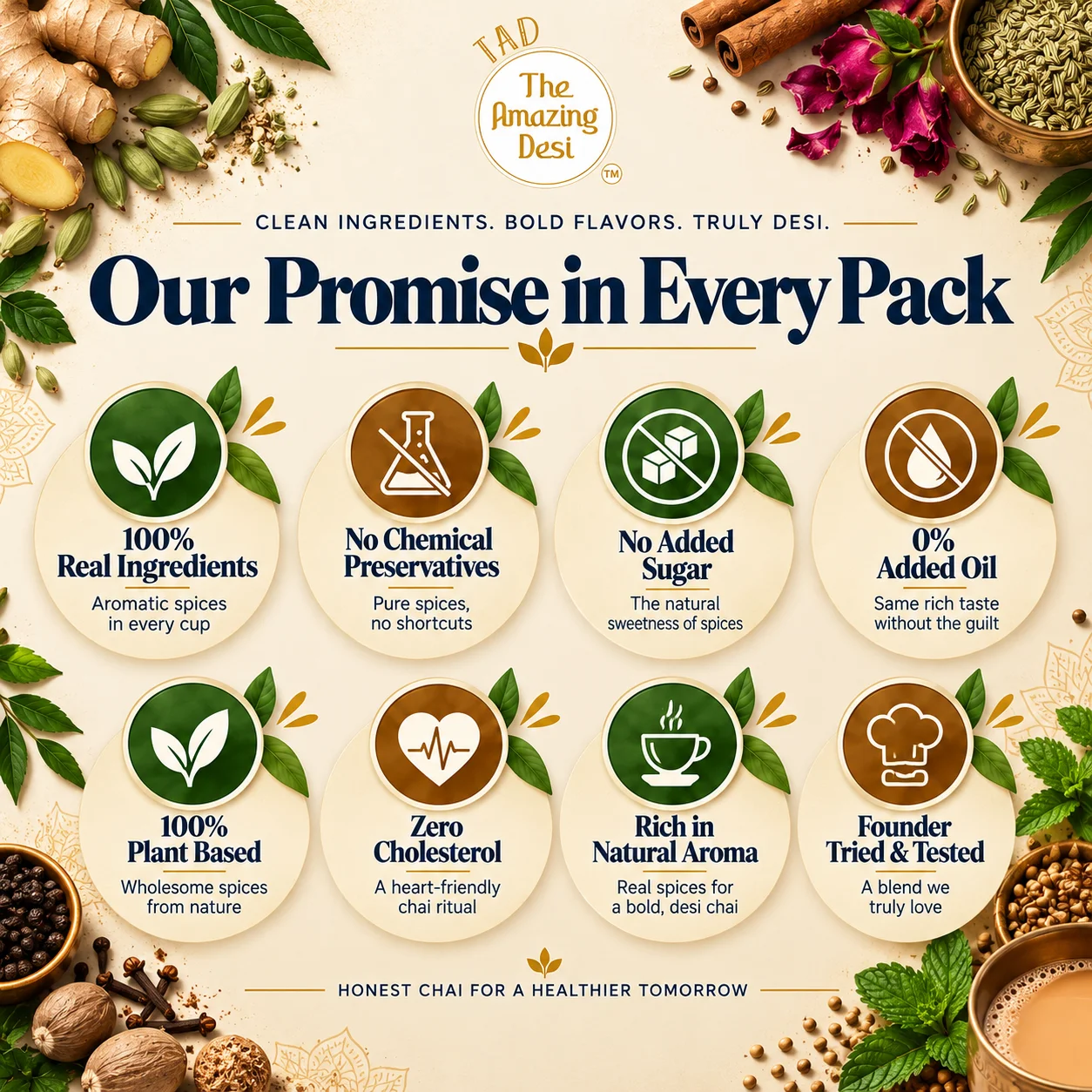 The Amazing Desi brand promise icons highlighting 100% plant-based, zero cholesterol, and no chemical preservatives for chai masala.