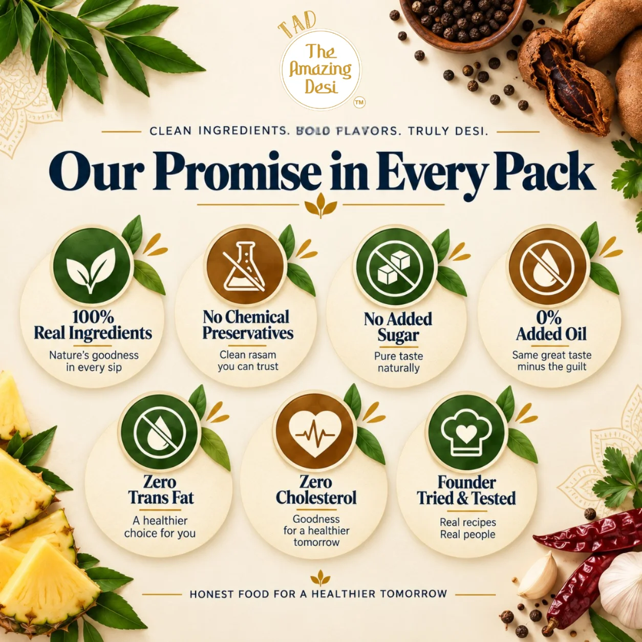 The Amazing Desi brand promise icons showing zero added oil, no chemical preservatives, and 100% real ingredients.