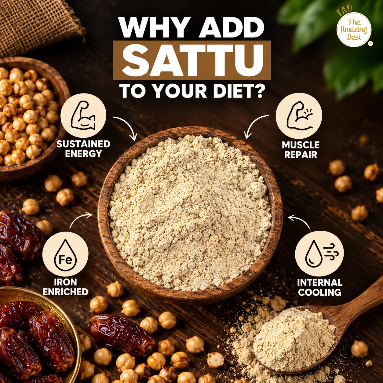 Health benefits of Daily Date Sattu Shake highlighting sustained energy, muscle repair, iron enrichment, and internal cooling.
