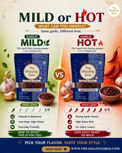 Comparison of TAD mild and hot garlic chutney powders showing spice levels from 1 to 5.